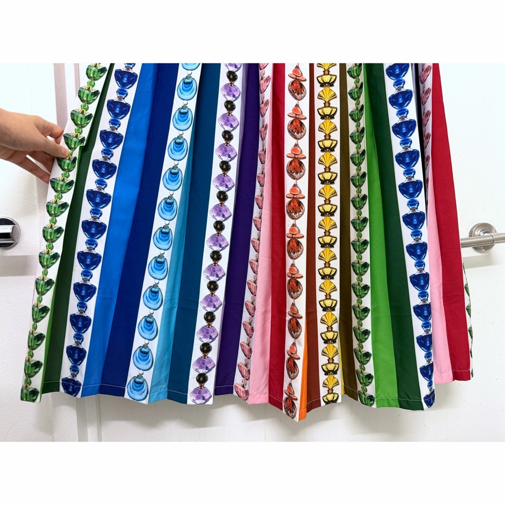 Mary Katrantzou Nyx Perfume Bottle Print Rainbow Stripe Pleated Maxi Skirt US 6 - Picture 10 of 16